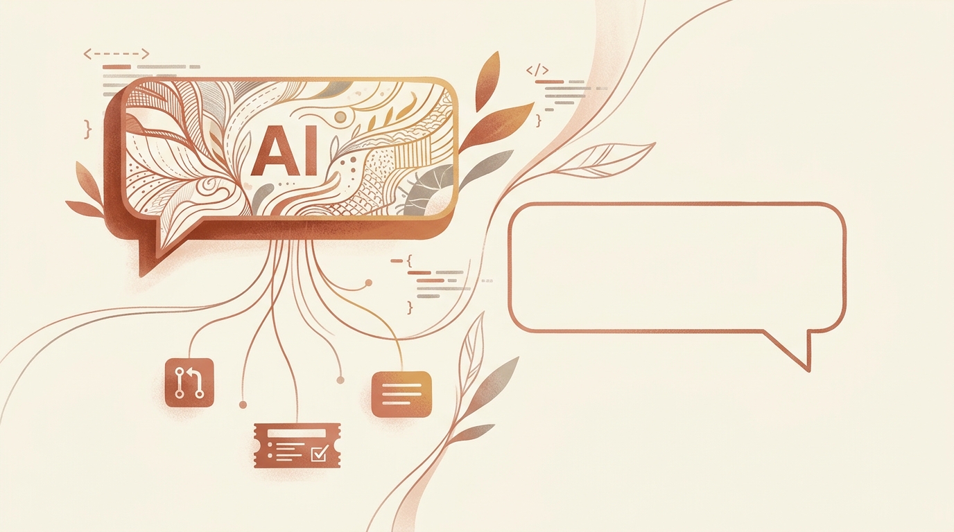 Editorial illustration of an AI text bubble with delicate citation lines connecting downward to small pull request and ticket icons, contrasting with a hollow empty prompt bubble nearby.