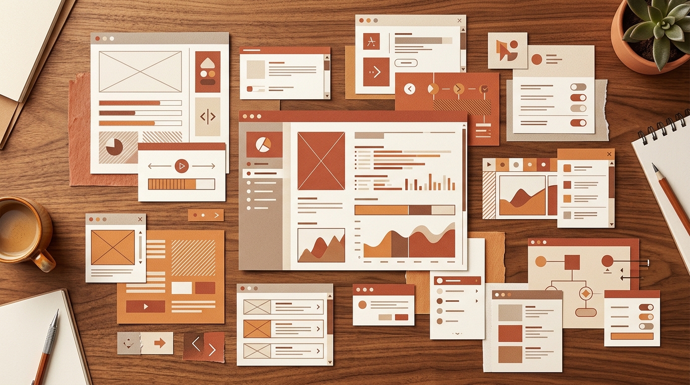 Editorial collage of multiple software interface fragments arranged magazine-style on a wooden desk, with a subtle hierarchy of importance.