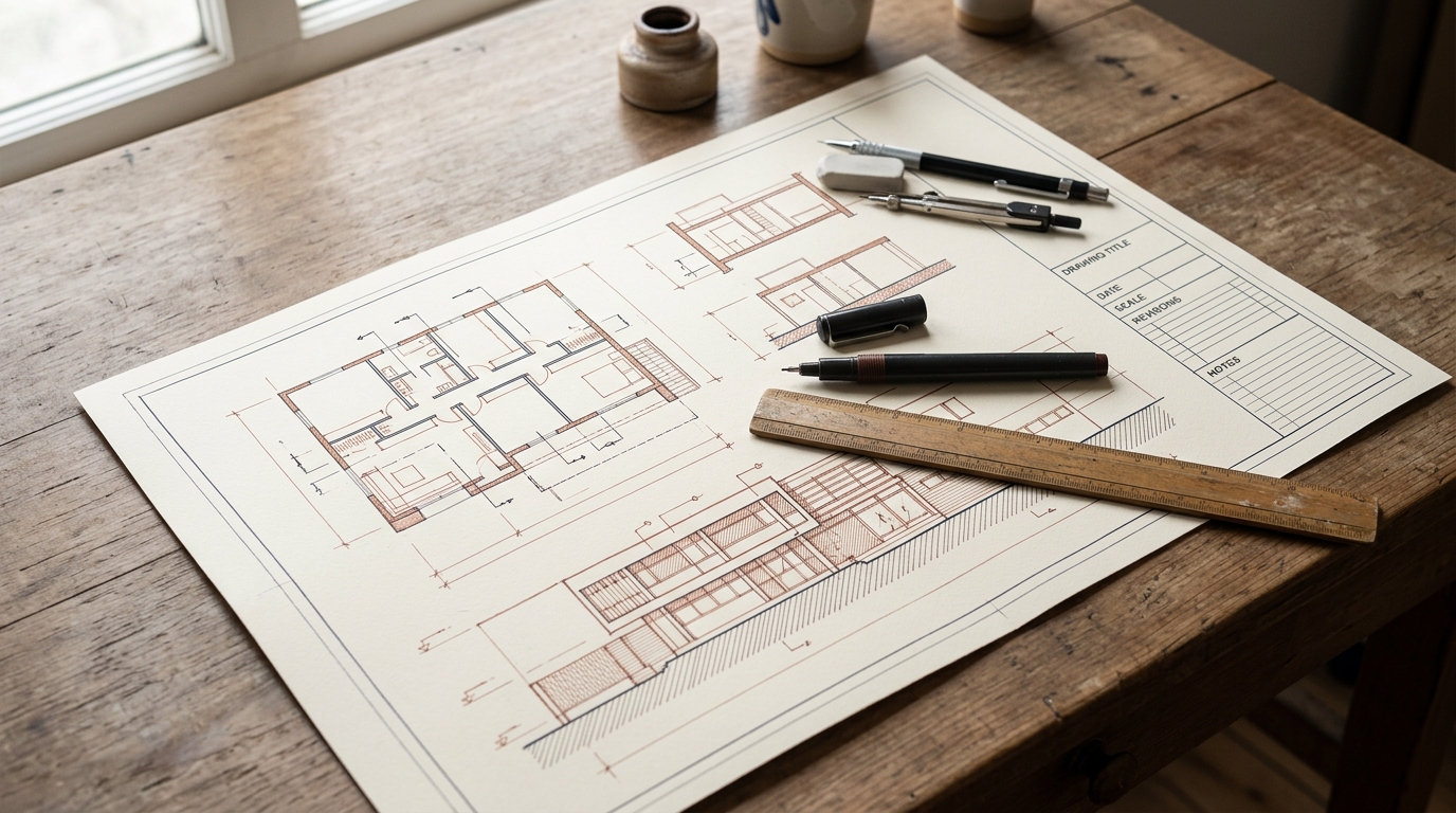Editorial blueprint-style illustration of a performance review template grid on a desk, with citation columns visible alongside a technical pen and ruler.