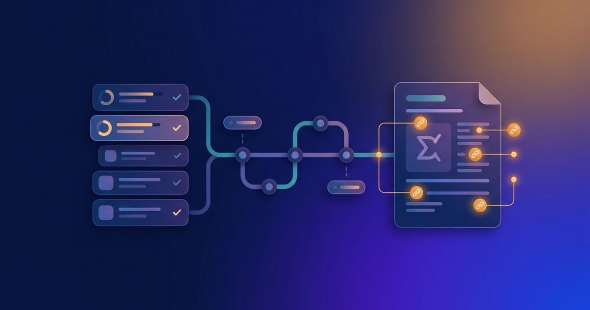 A performance review draft with each line connected by citation lines to Asana project, task, and milestone icons for a marketing or ops team.