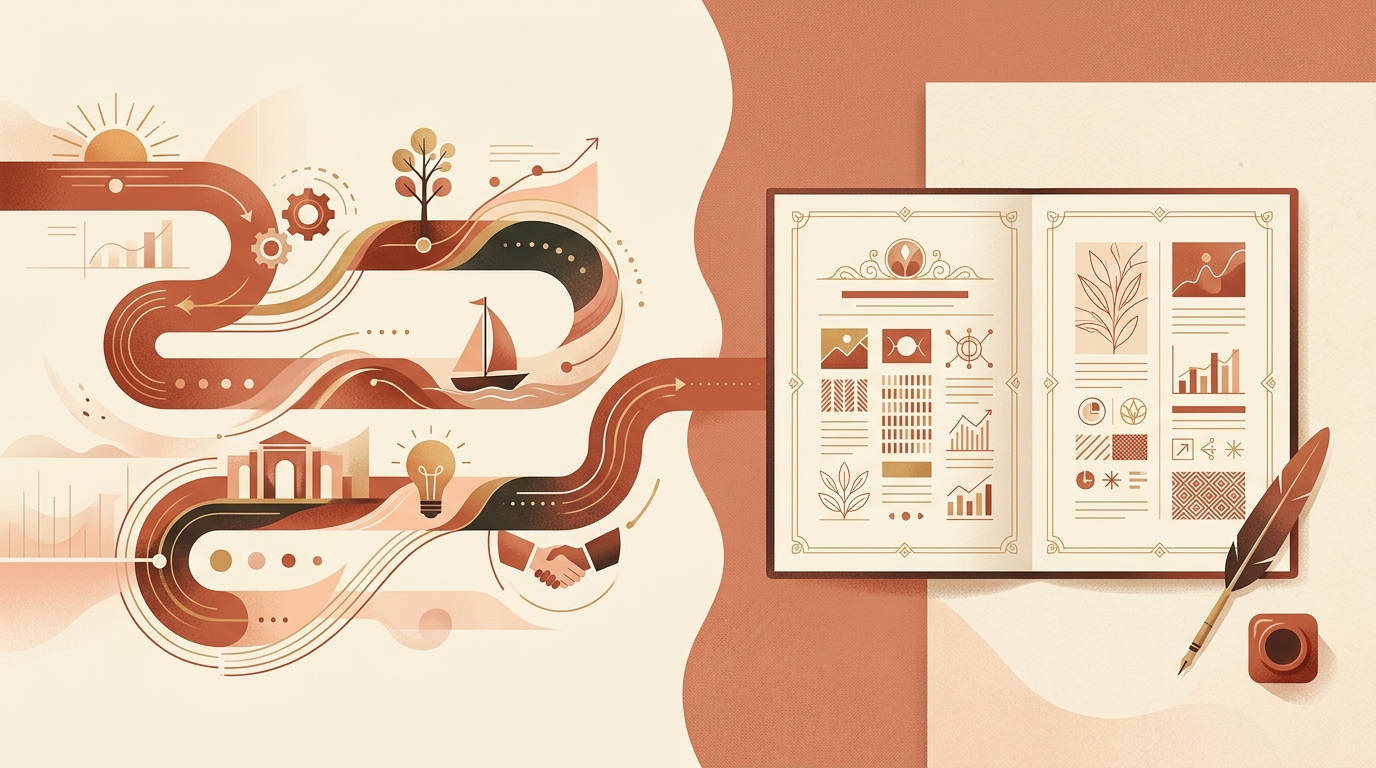 Editorial illustration contrasting a long horizontal timeline ribbon with a single neat open document on the right, separated by a soft visual division.