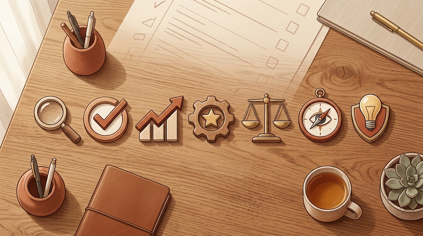 Editorial overhead view of a curated workspace with several distinct review-tool icons arranged like a decision spread on a wooden desk.