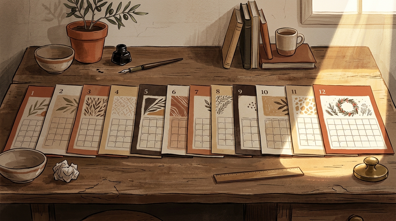 Editorial illustration of a calendar timeline laid across a desk where the last month is illuminated by a beam of light and earlier months sit in soft shadow.