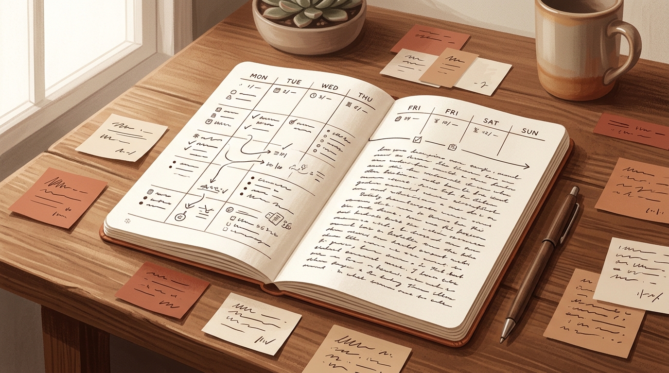 Editorial illustration of an open notebook on a desk showing weekly bullet entries flowing into a longer paragraph, with small post-its scattered around — the brag-document workflow.