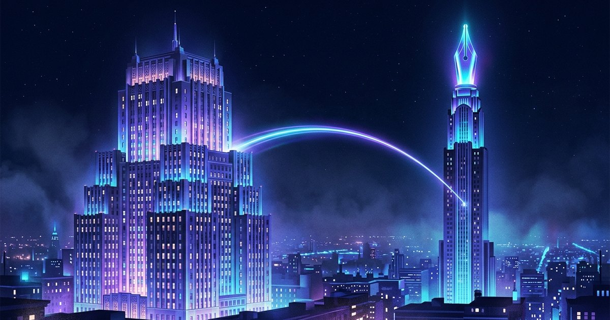 Editorial illustration of an all-in-one HR platform building beside a focused writing-nib tower, linked by a soft golden arc.