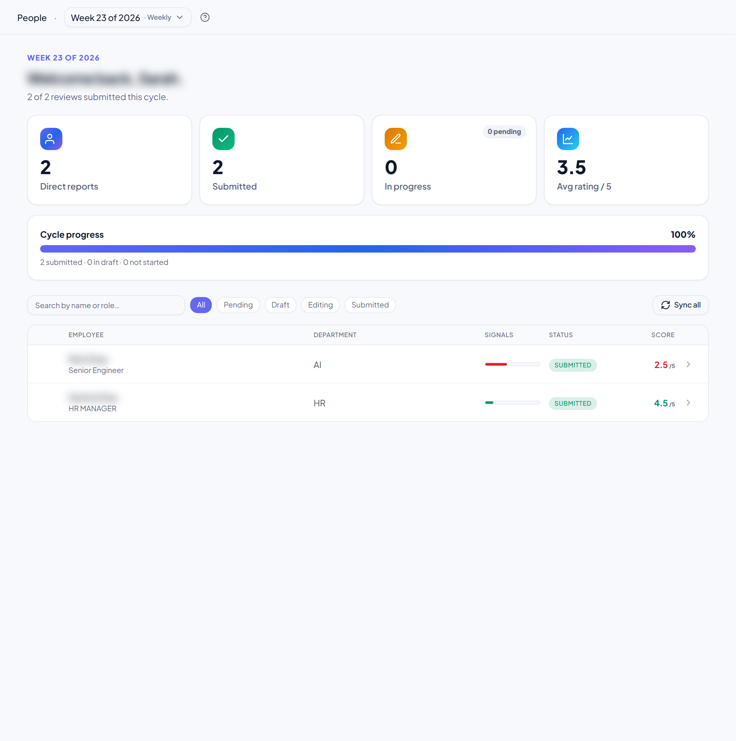 The People page with the Sync all button and the team's review status.