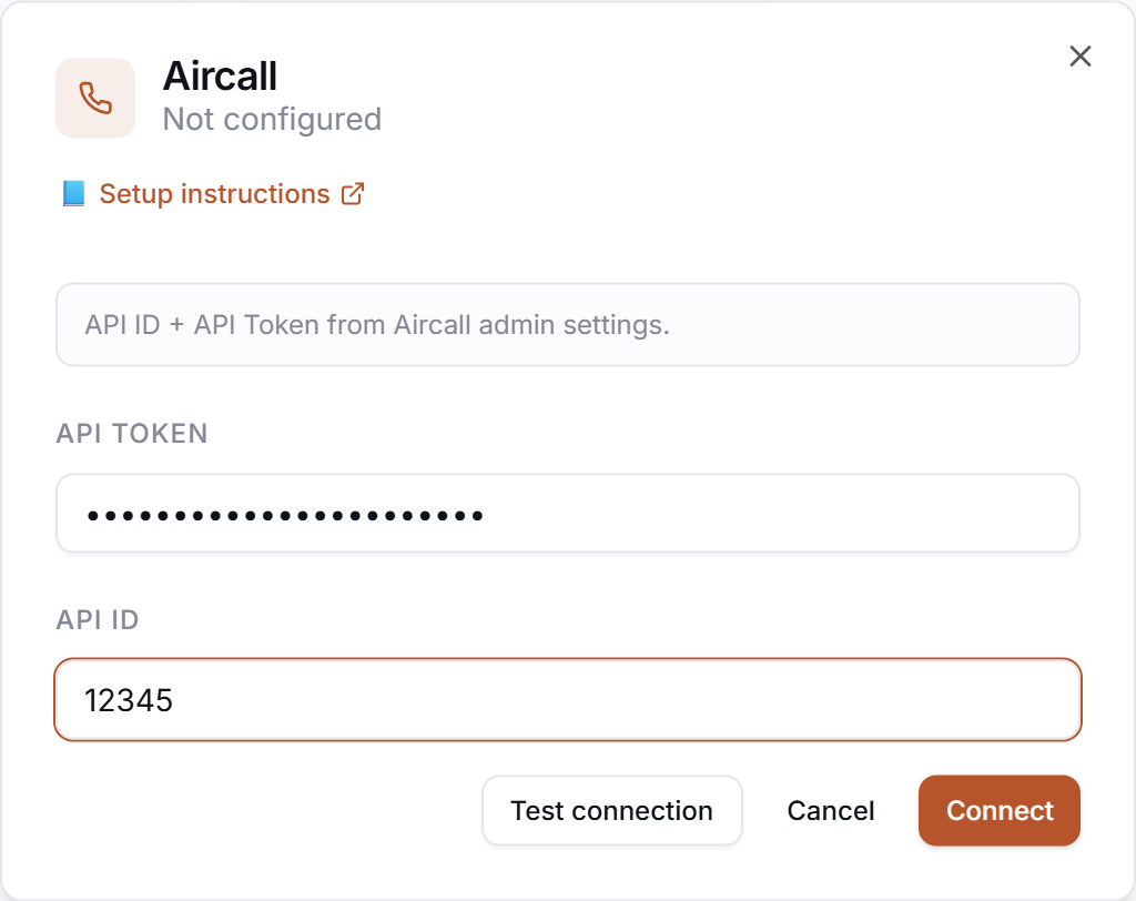 The Aircall credential drawer in PerfCopilot — paste your values, then click Save.
