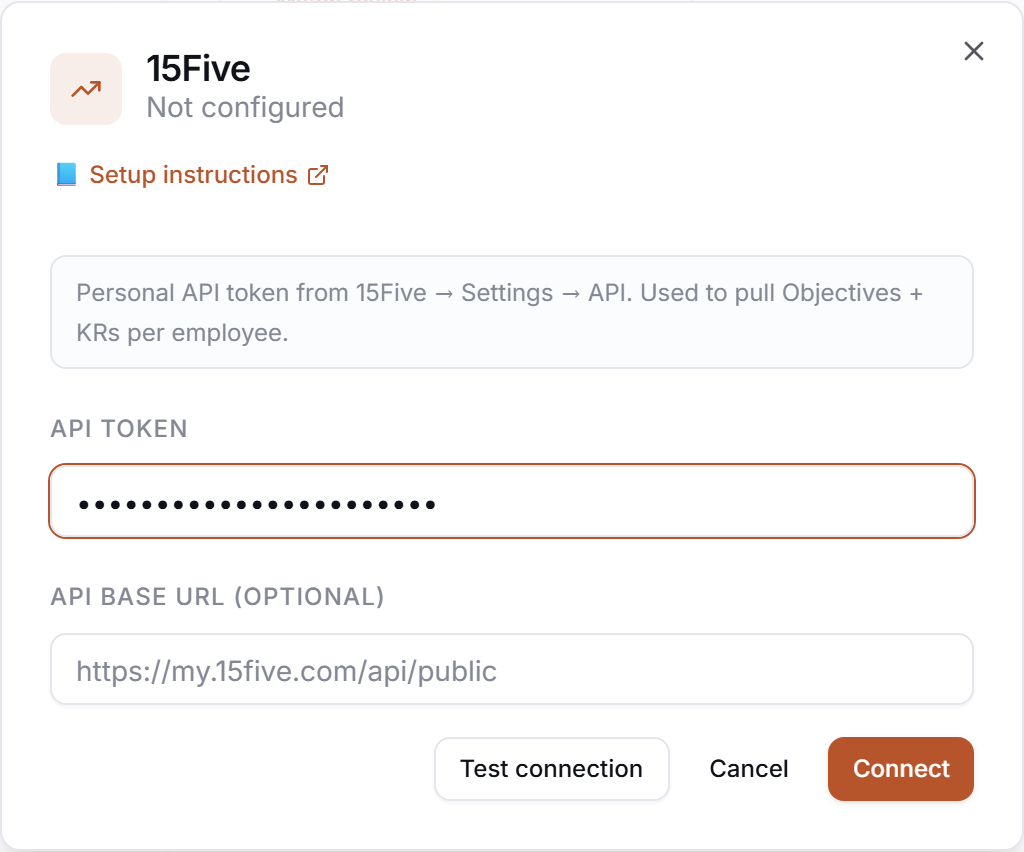 The 15Five credential drawer in PerfCopilot — paste your values, then click Save.