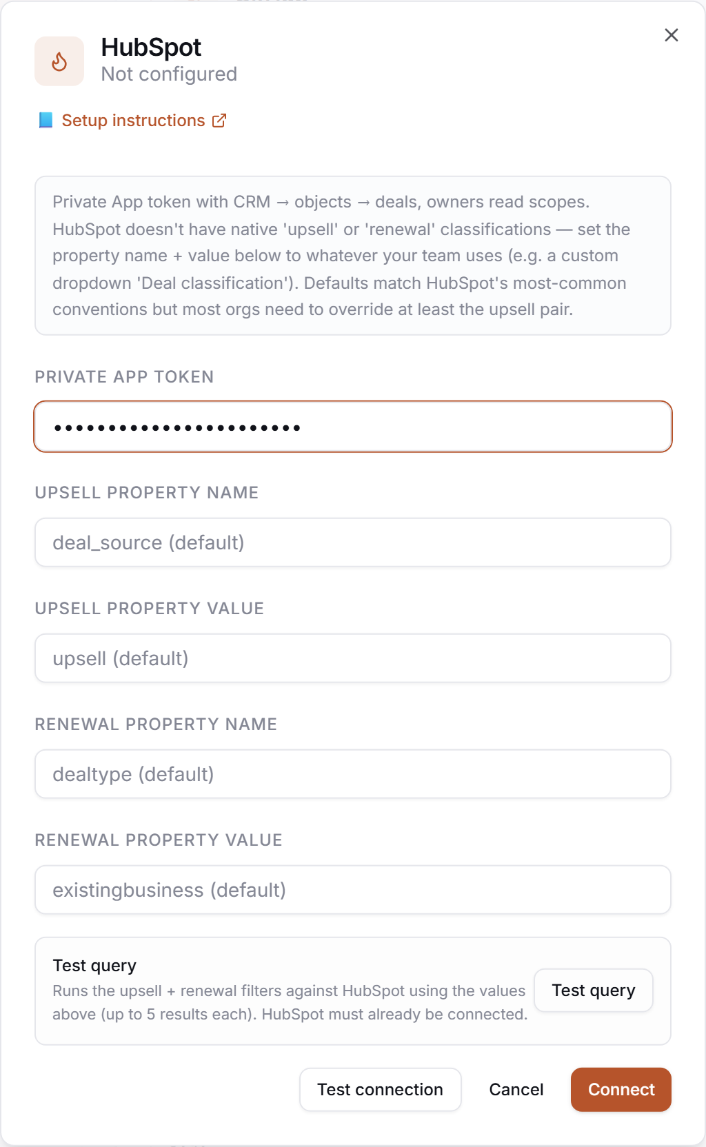 The HubSpot credential drawer in PerfCopilot — paste your values, then click Save.