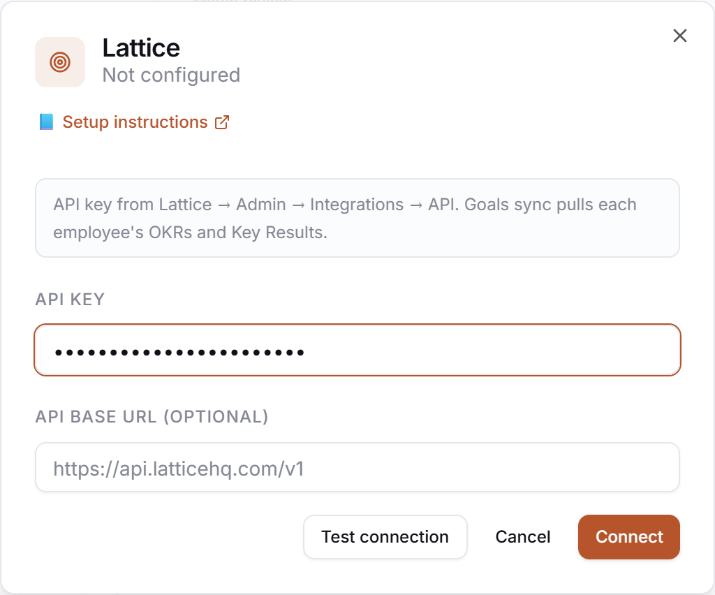 The Lattice credential drawer in PerfCopilot — paste your values, then click Save.