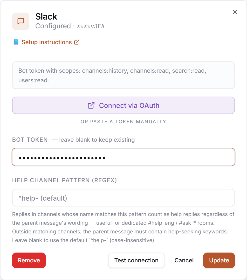 The Slack credential drawer in PerfCopilot — paste your values, then click Save.