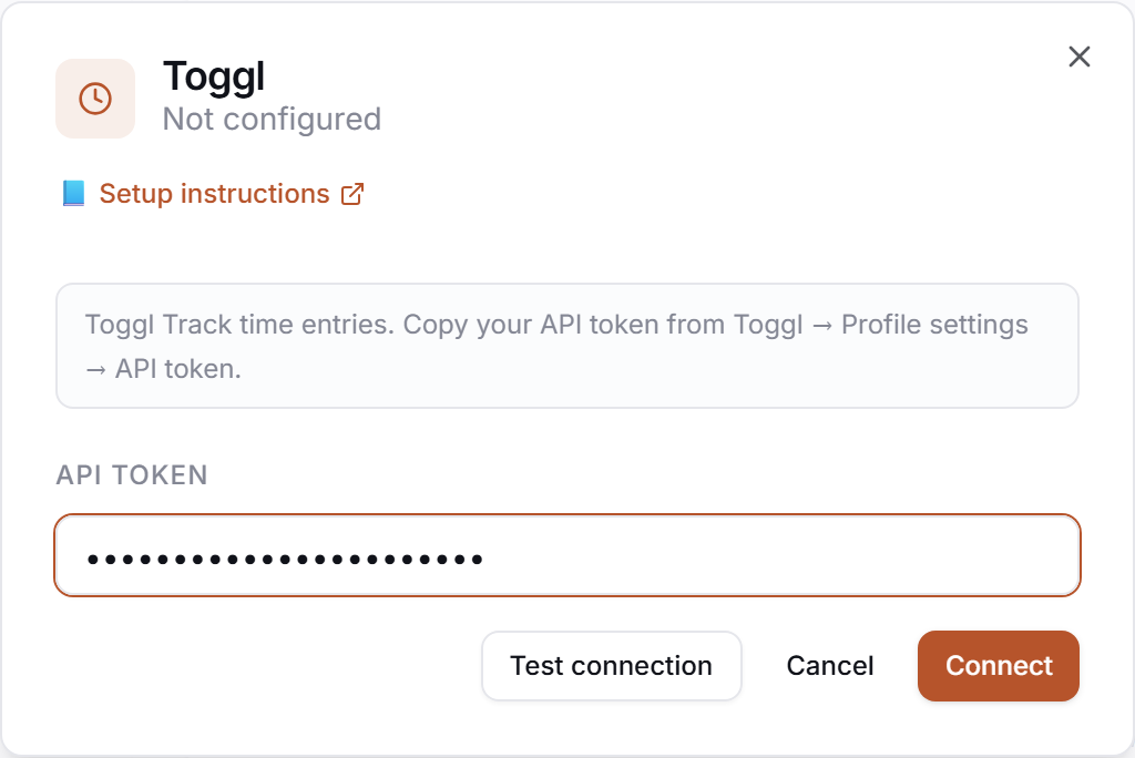 The Toggl credential drawer in PerfCopilot — paste your values, then click Save.